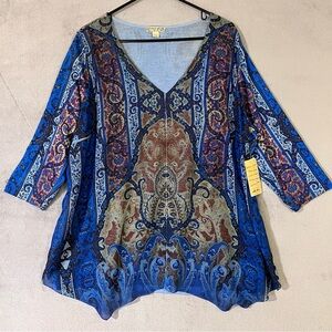 NEW Energe World Wear Womens Boho Top Vneck Blue Renaissance Paisley Plus Sz 2X